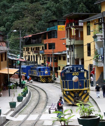 The railroad runs down Aguascaliente's riverfront street