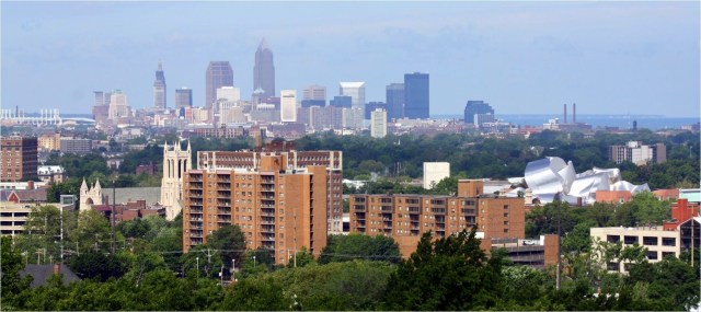 Cleveland skyline from heights above Lakeview Cemetery