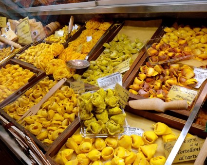 Pasta comes in different shapes, sizes, and colors in Bologna, Italy.