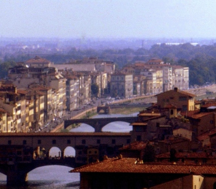 Arno river bridges, Ponte Vecchio in foreground, Florence, Italy.