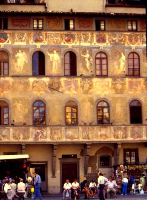 Medieval facade across from Santa Croce Basilica, Florence, Italy.