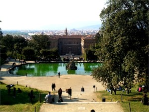 View of the Pitti Palace overlooking the city of Florence, Italy.