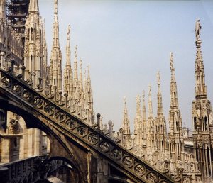 Spires seen from the rooftop, Duomo, Milano. Italy.