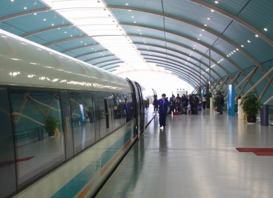 The Maglev Train pulls into the station.